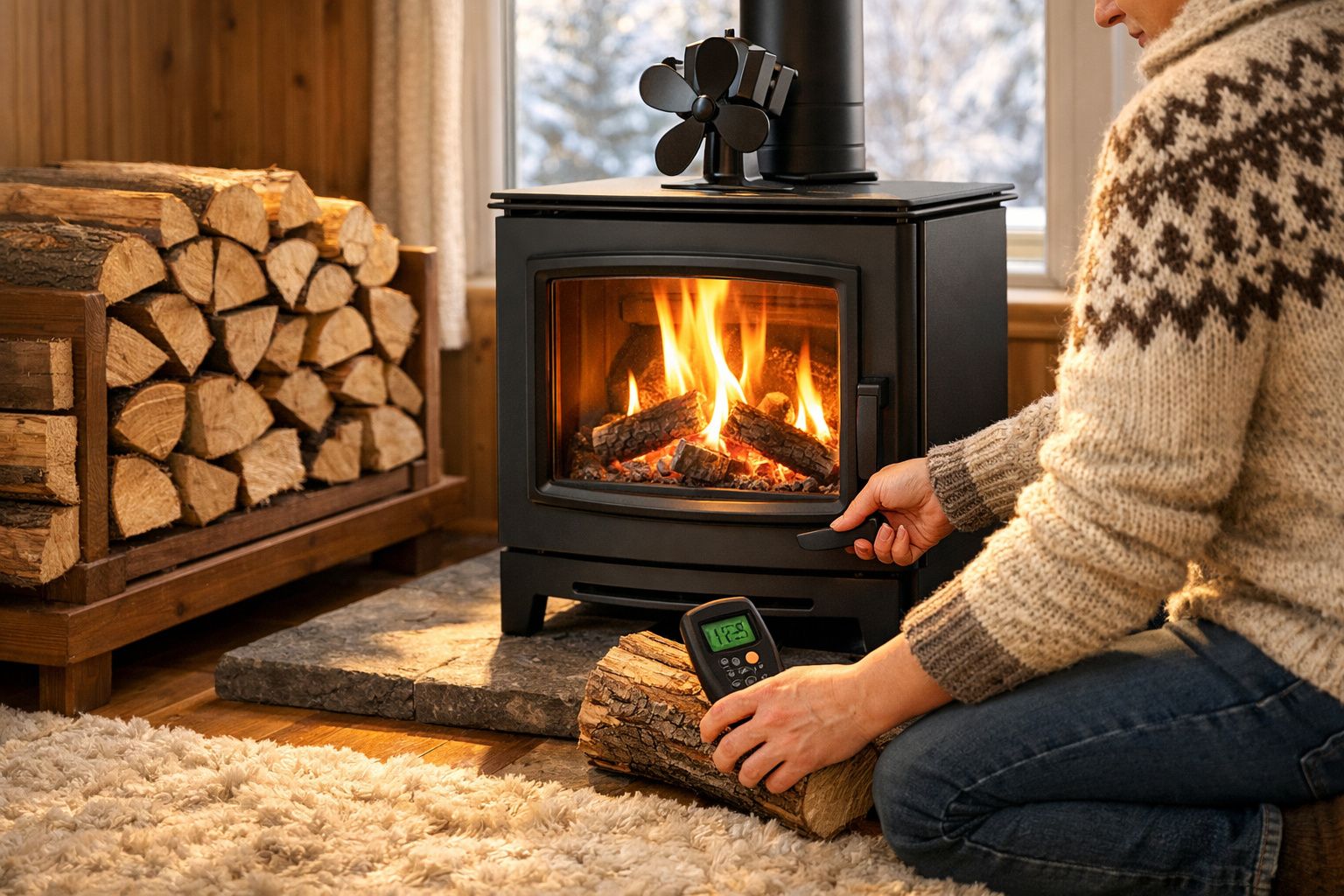 Pessoa a acender lareira a lenha numa casa com madeira empilhada ao lado e decoração acolhedora.