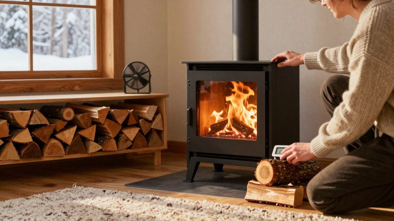 Pessoa junto a lareira a lenha acesa numa sala acolhedora com janela para paisagem nevada.