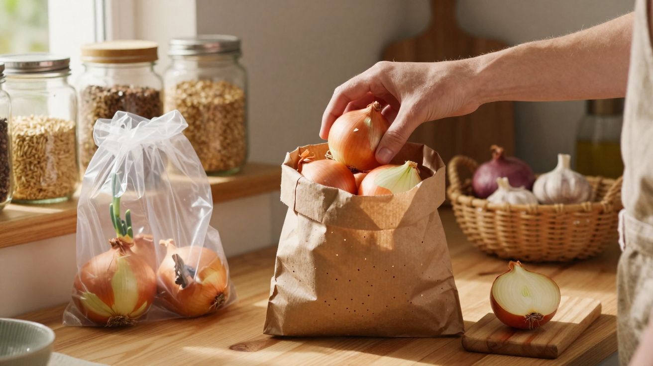 Mão a apanhar cebola de saco de papel numa cozinha com legumes e frascos no balcão de madeira.