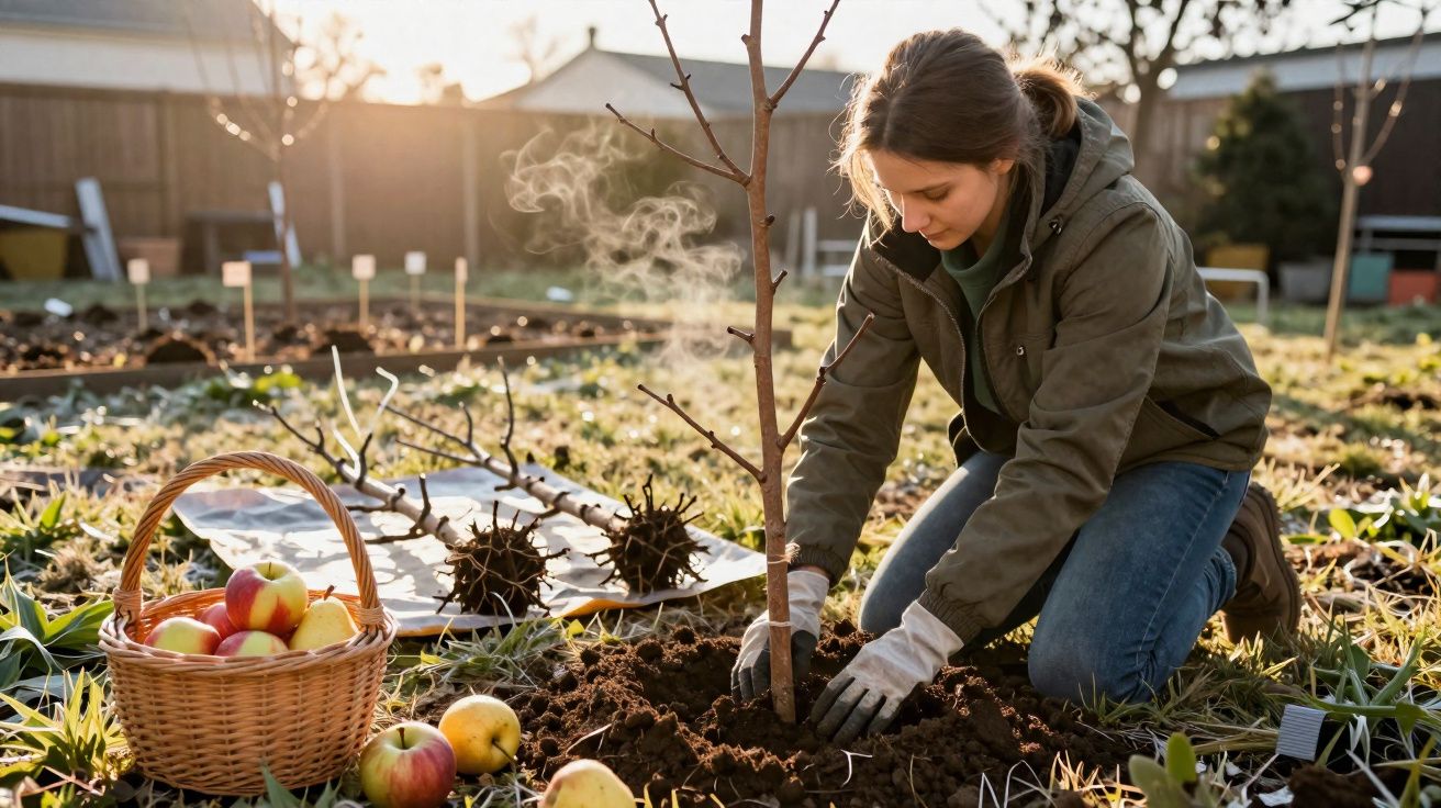 Mulher a plantar árvore jovem num jardim com cesto de maçãs ao lado ao pôr do sol.
