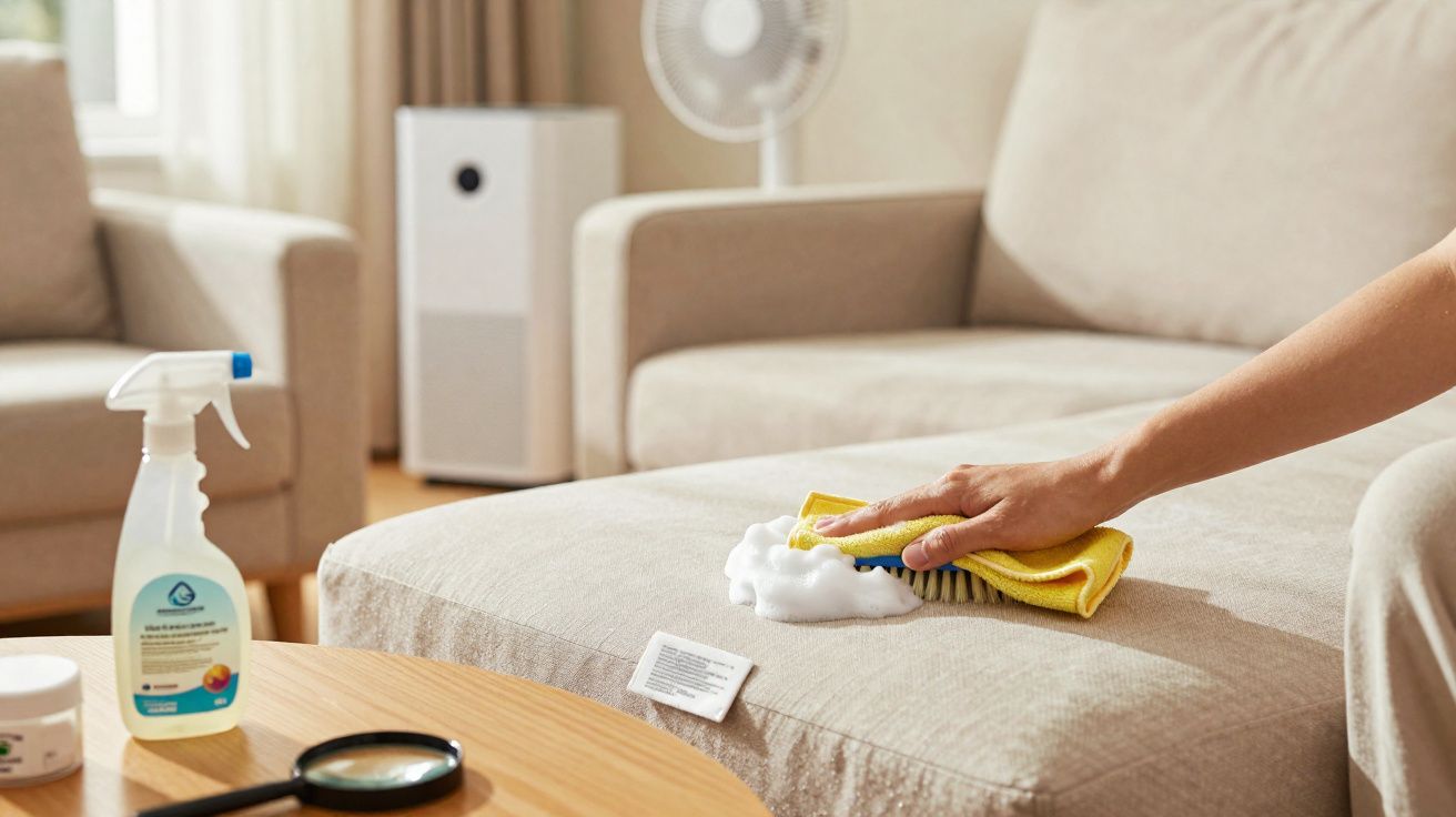 Pessoa a limpar um sofá bege com escova e espuma de limpeza numa sala iluminada.