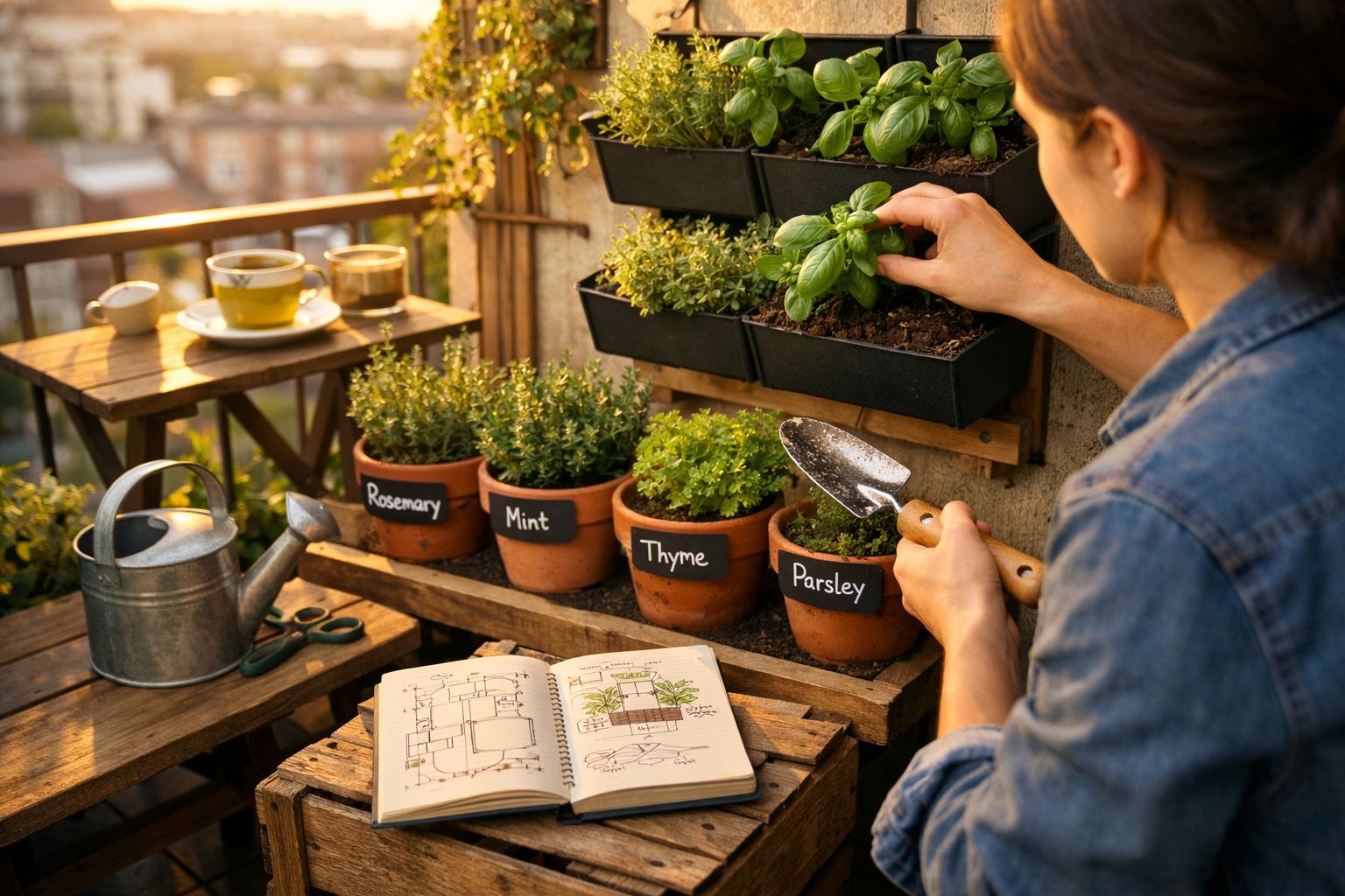 Pessoa a cuidar de ervas aromáticas num jardim urbano com regador, caderno de plantas e vasos etiquetados.