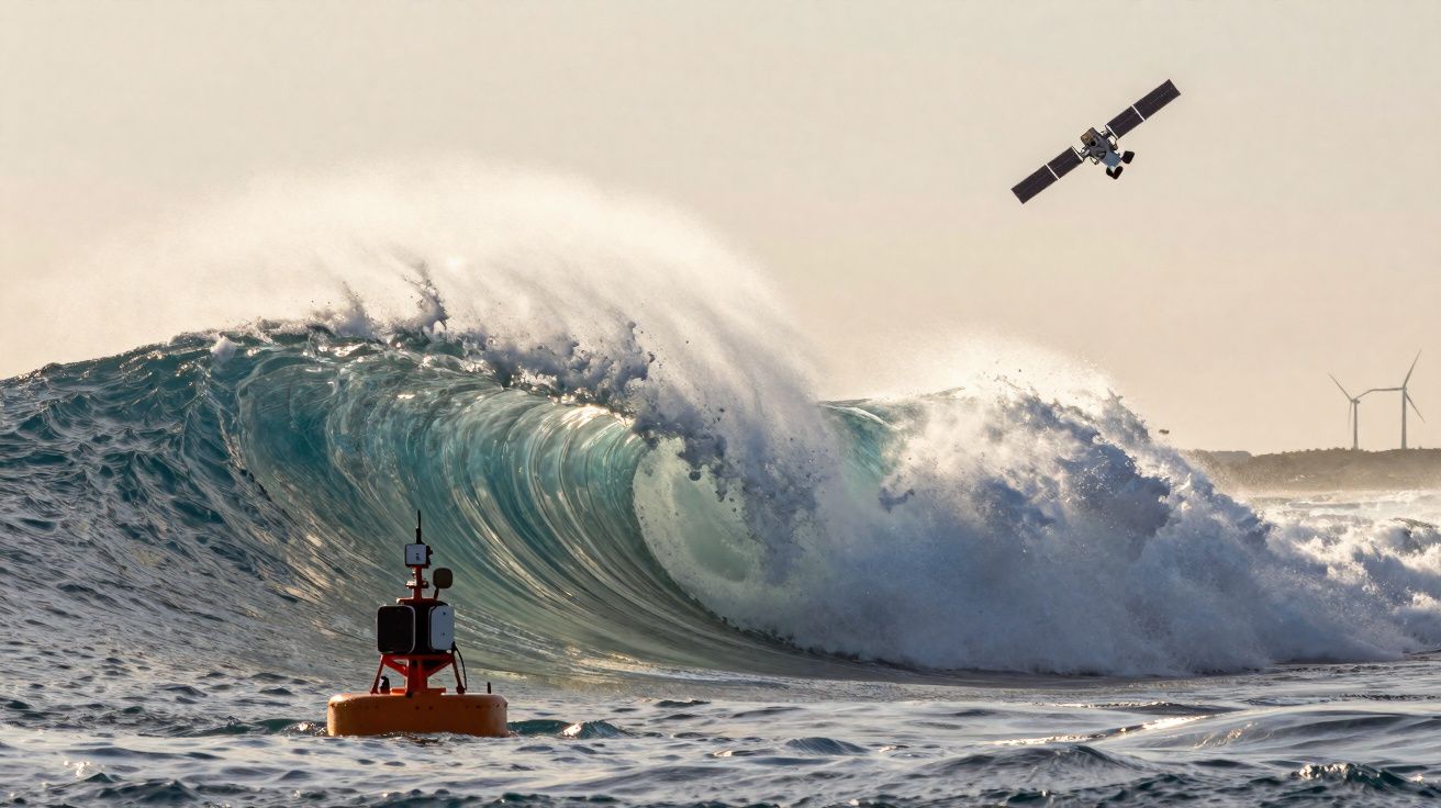 Onda grande a quebrar no mar com boia sensor e satélite no céu, turbinas eólicas ao fundo.