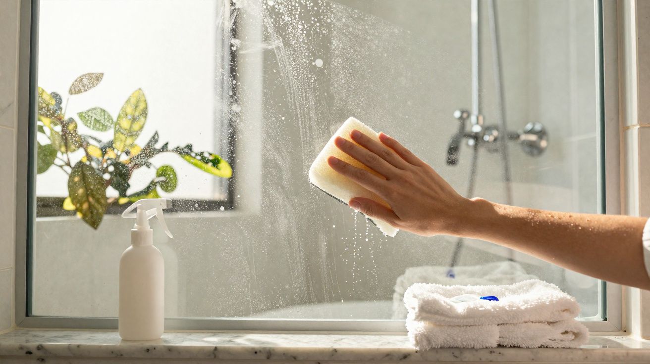 Mão a limpar vidro de janela com espuma, acompanhado por frasco de spray e toalhas brancas sobre o peitoril.
