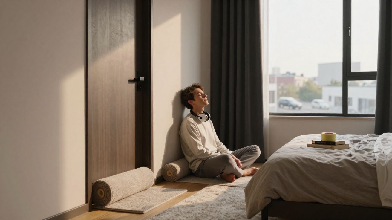 Jovem sentado no chão de um quarto, encostado na parede, a relaxar com auscultadores no pescoço e sol pela janela.