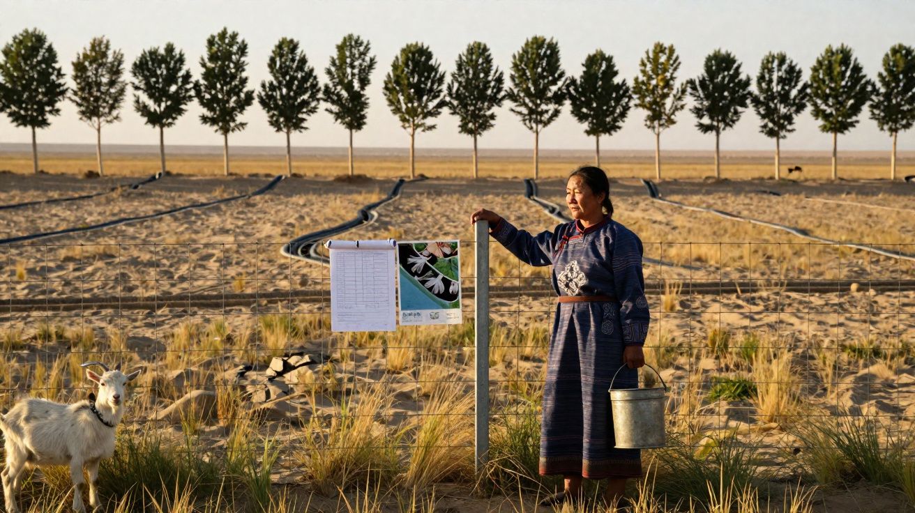 Mulher numa paisagem rural árida com cabra, segurando balde junto a vedação com árvores ao fundo.
