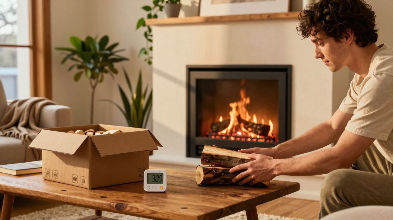 Jovem a colocar troncos de madeira numa mesa junto a lareira acesa numa sala acolhedora e iluminada.