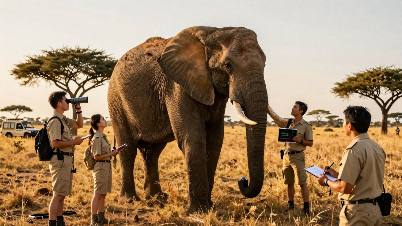 Quatro cientistas em campo observam e estudam um elefante numa savana ao pôr do sol.
