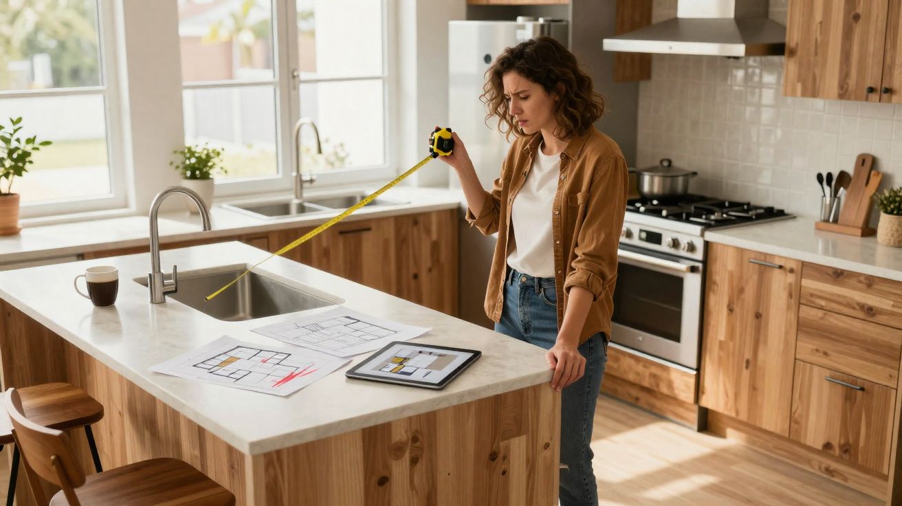 Mulher com trena a medir bancada de cozinha enquanto consulta plantas e tablet.