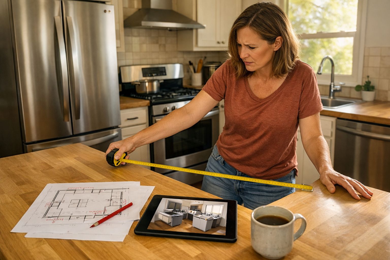 Mulher a medir bancada de cozinha com fita métrica e plantas num tablet e papel sobre a mesa.