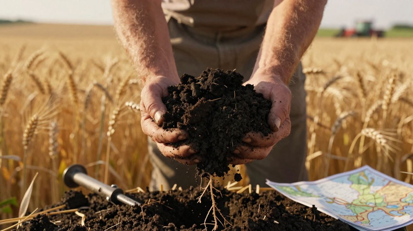 Mãos de agricultor seguram terra fértil numa plantação de trigo, com mapa e ferramenta no solo.