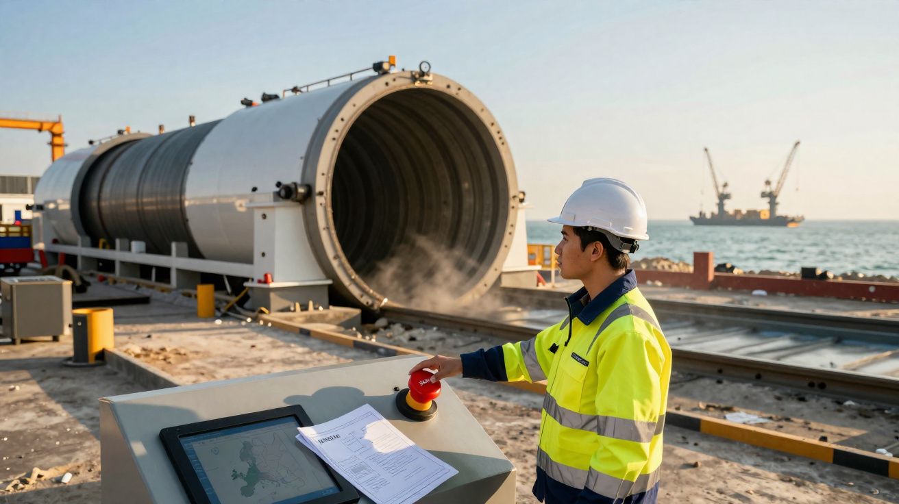 Trabalhador com colete e capacete frente a equipamento industrial numa instalação costeira com plataforma marítima ao fundo.