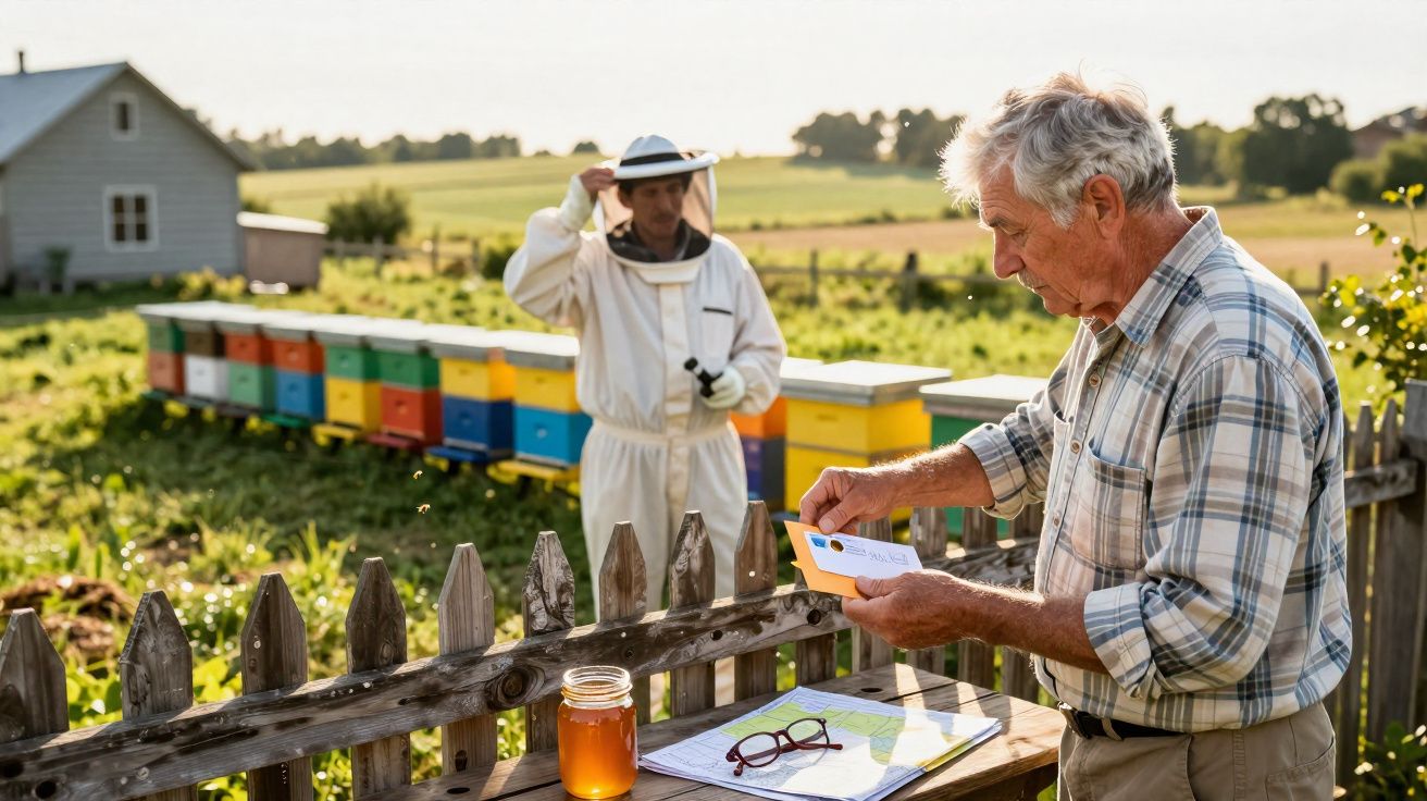 Dois apicultores junto a colmeias coloridas, um está a trabalhar e o outro a ler um envelope ao lado de um frasco de mel.
