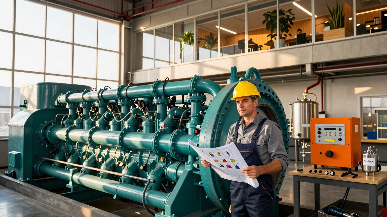 Homem de capacete amarelo e macacão lê plantas junto a maquinaria industrial num espaço moderno e iluminado.