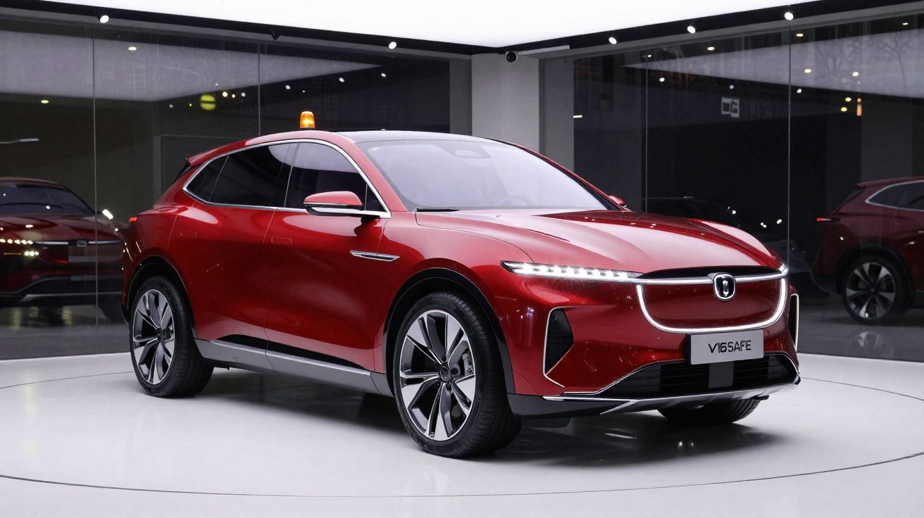 Carro elétrico vermelho moderno em exposição num espaço interior minimalista com chão branco e paredes espelhadas.