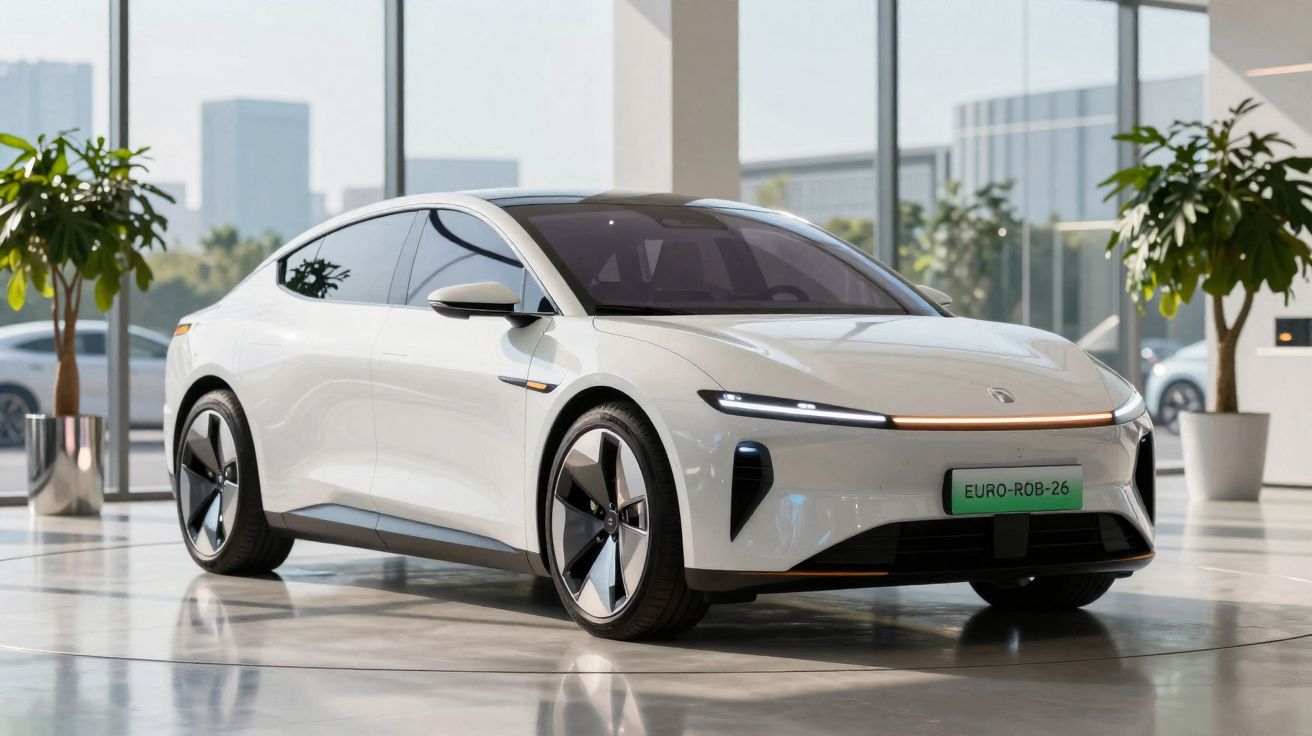 Carro elétrico branco moderno estacionado em espaço interior com grandes janelas e plantas decorativas.