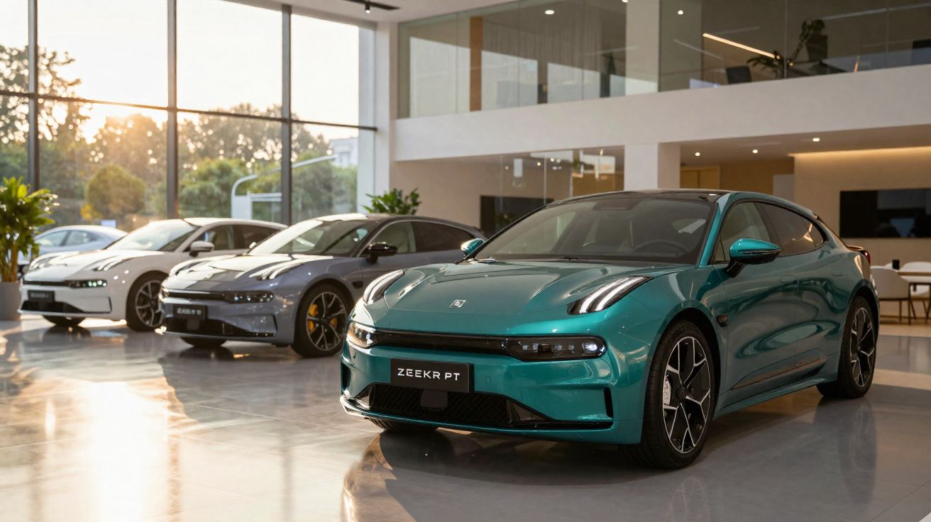 Três carros elétricos modernos com acabamentos metálicos expostos em showroom iluminado pela luz do pôr-do-sol.