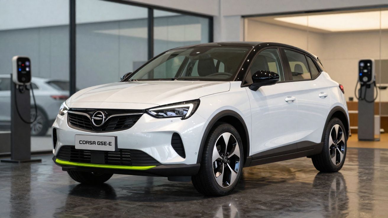 Carro elétrico Opel Corsa GSE-e branco estacionado em showroom moderno com carregadores elétricos.