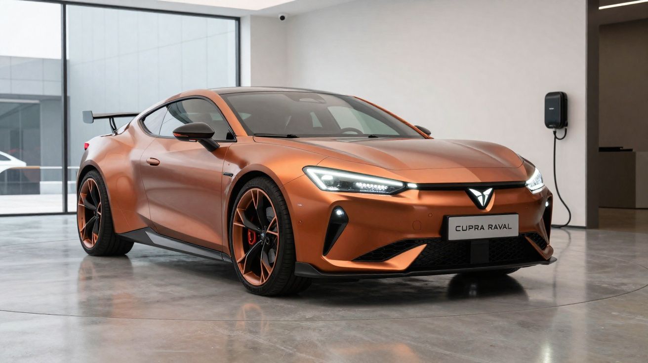 Carro desportivo elétrico Cupra Raval laranja num espaço interior moderno com carregador mural.
