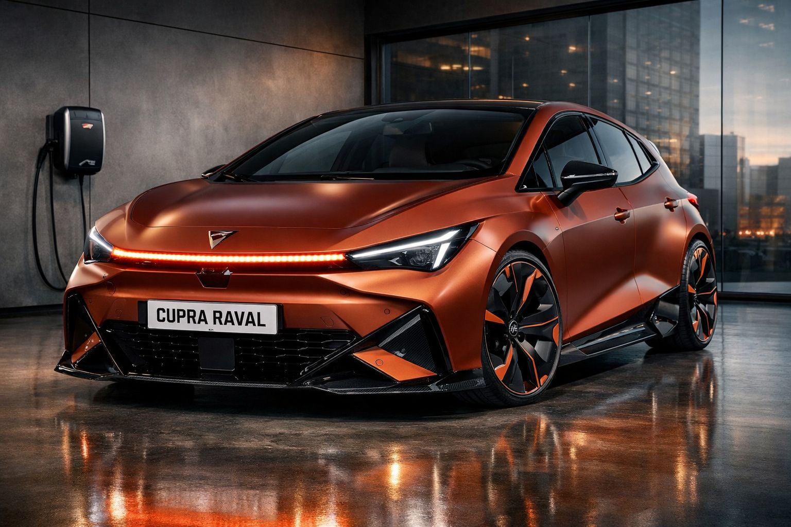 Carro elétrico desportivo Cupra Raval em tom laranja metálico, com luzes LED e carregador na parede.