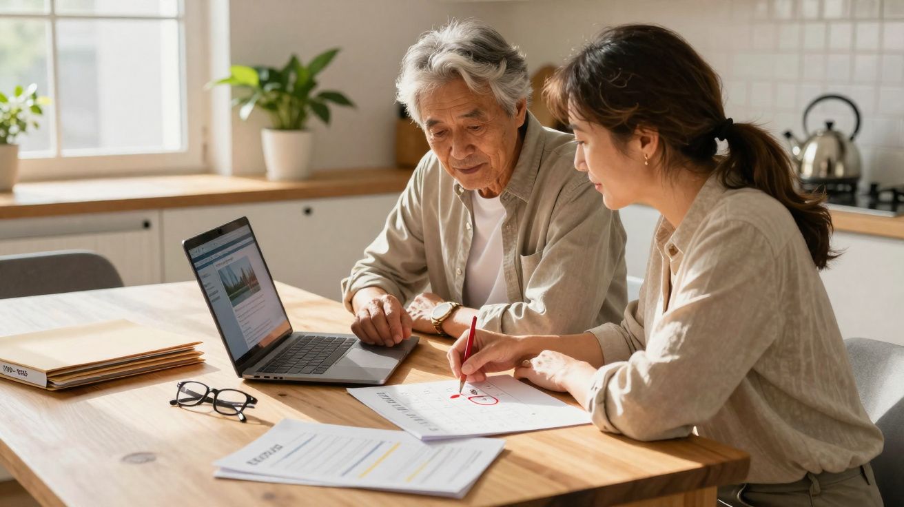 Homem e mulher analisam documentos juntos numa mesa, com laptop aberto e óculos perto, em cozinha iluminada.