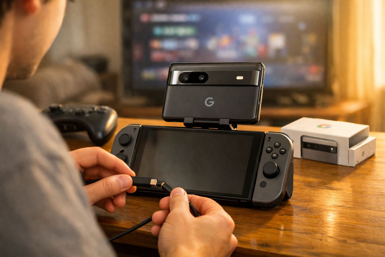 Pessoa a preparar conexão de cabo em consola de jogos com smartphone Google montado em suporte.