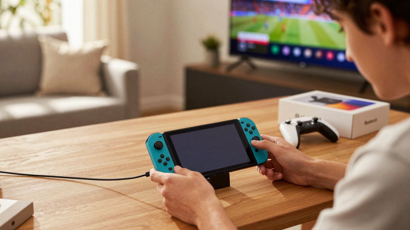 Pessoa a jogar com consola portátil azul ligada a um suporte numa mesa de madeira.