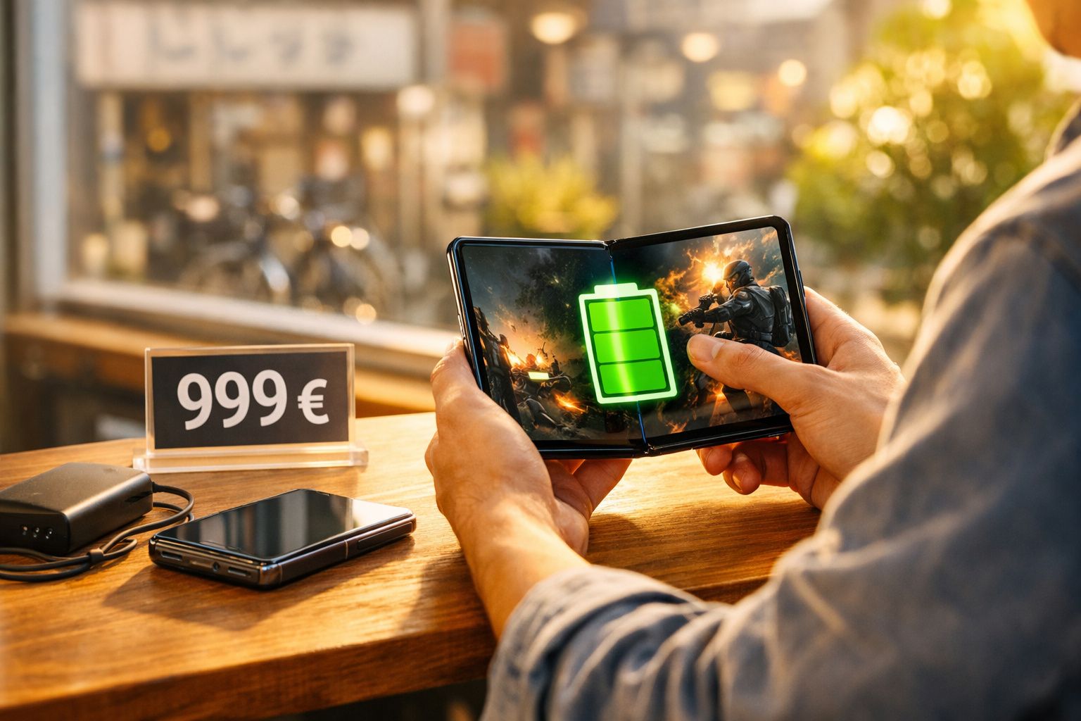 Pessoa a jogar num smartphone dobrável com indicador de bateria cheia, ao lado de placa com preço 999 euros.