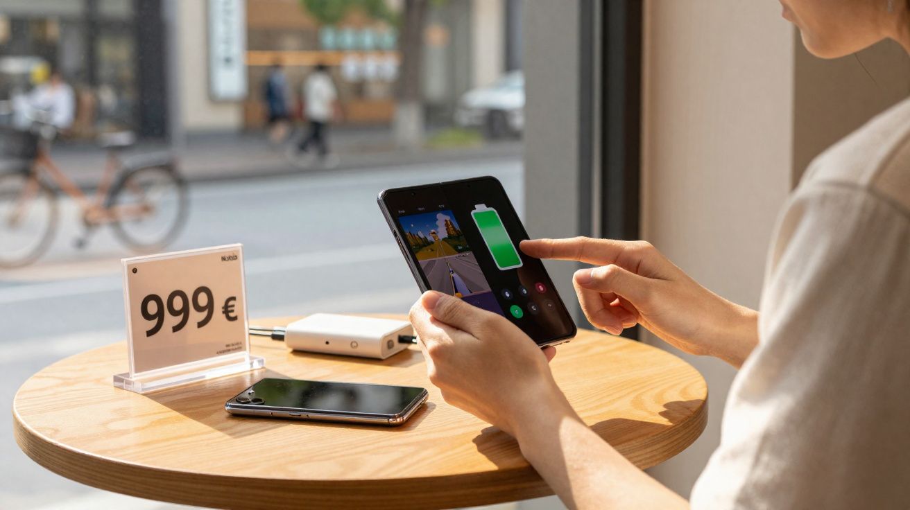 Pessoa a usar smartphone com indicador de bateria carregada numa mesa com outro telemóvel e etiqueta de preço 999€.