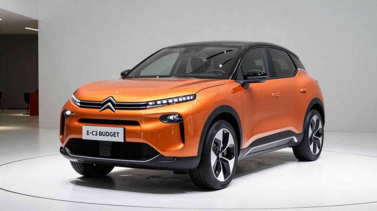 Citroën E-C3 Budget laranja com tejadilho preto numa exposição de automóveis.