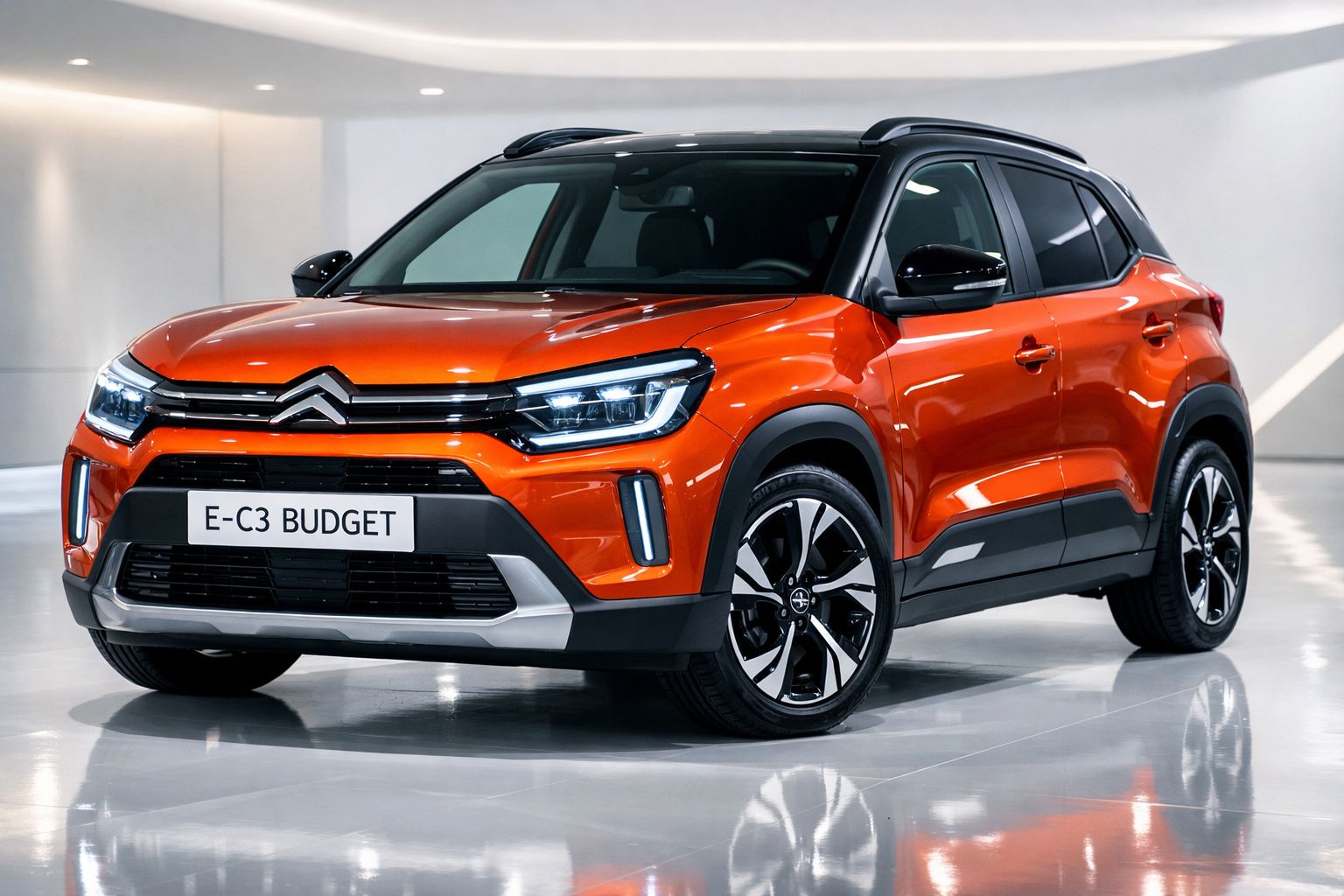 Carro Citroën E-C3 Budget laranja estacionado em ambiente interior moderno e iluminado.