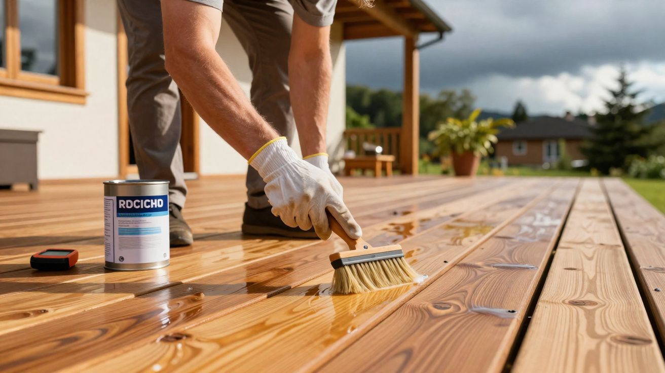 Pessoa a aplicar verniz num deck exterior de madeira com pincel, usando luvas brancas.
