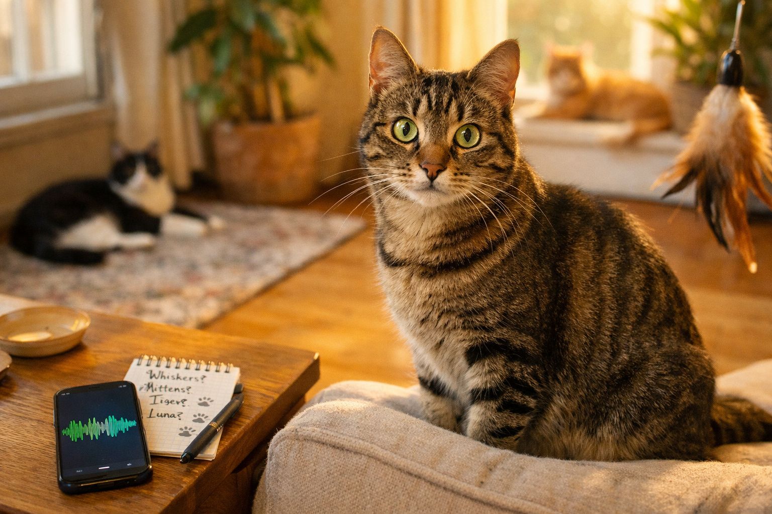 Gato tigrado sentado num sofá, com outro gato ao fundo e um telemóvel e caderno numa mesa ao lado.