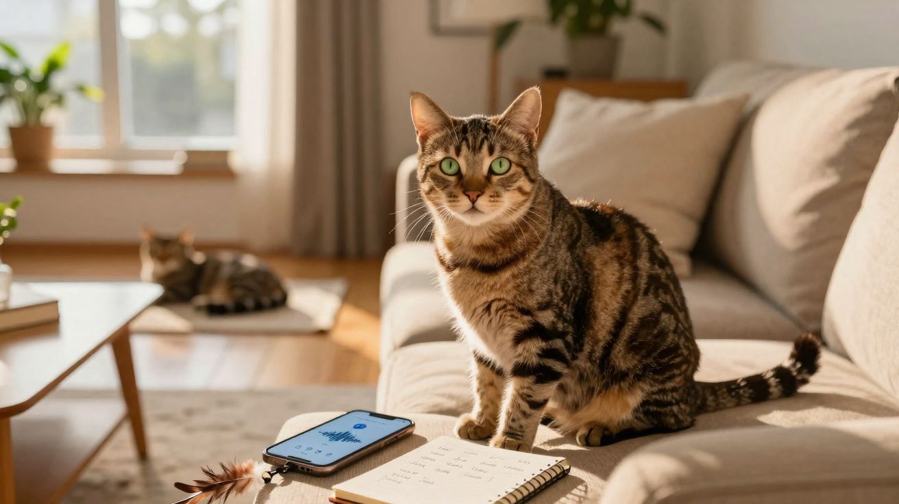Gato tigrado sentado num sofá com bloco de notas e telemóvel, com outro gato ao fundo na sala iluminada.