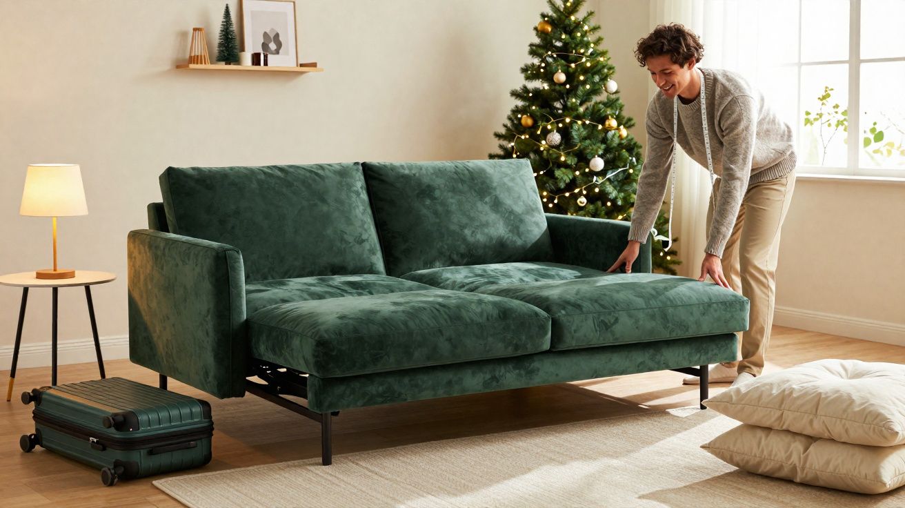 Homem a ajustar sofá verde numa sala com árvore de Natal, mala e almofadas no chão.