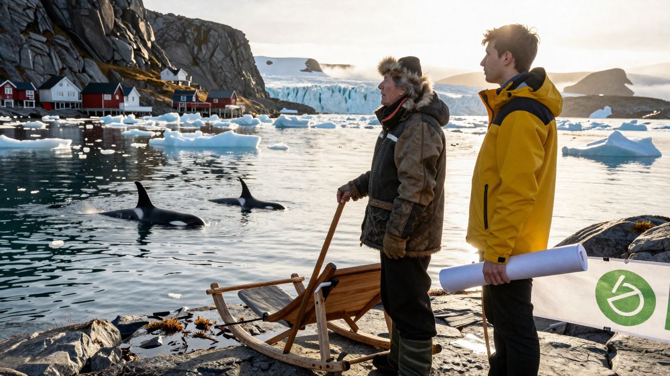 Duas pessoas em roupas quentes observam orcas no mar gelado com casas, gelo e penhascos ao fundo.