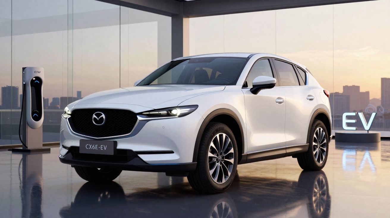 Carro elétrico branco Mazda CX-6 EV estacionado interiormente com estação de carregamento e luzes EV ao fundo.