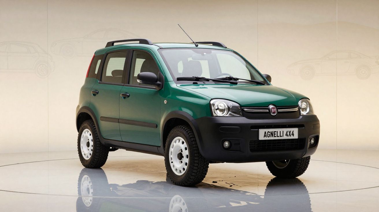 Carro Fiat Agnelli 4x4 verde com pneus robustos em ambiente interior iluminado e neutro.