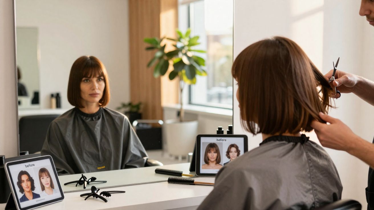 Mulher sentada num cabeleireiro a olhar para o espelho enquanto cortam o seu cabelo castanho curto.