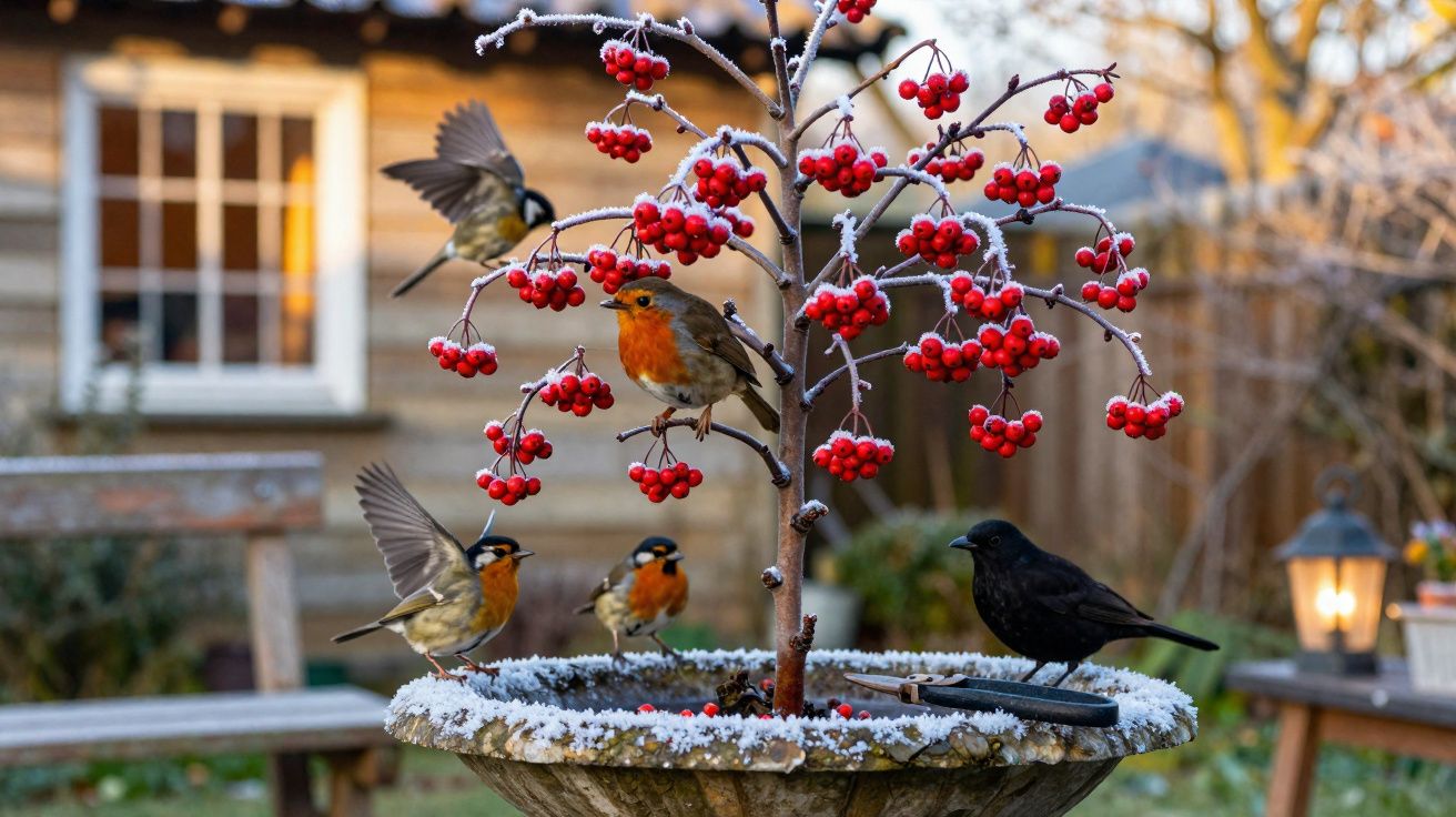 Pássaros a alimentar-se em sementes num bebedouro com fruteira coberta de geada num jardim.