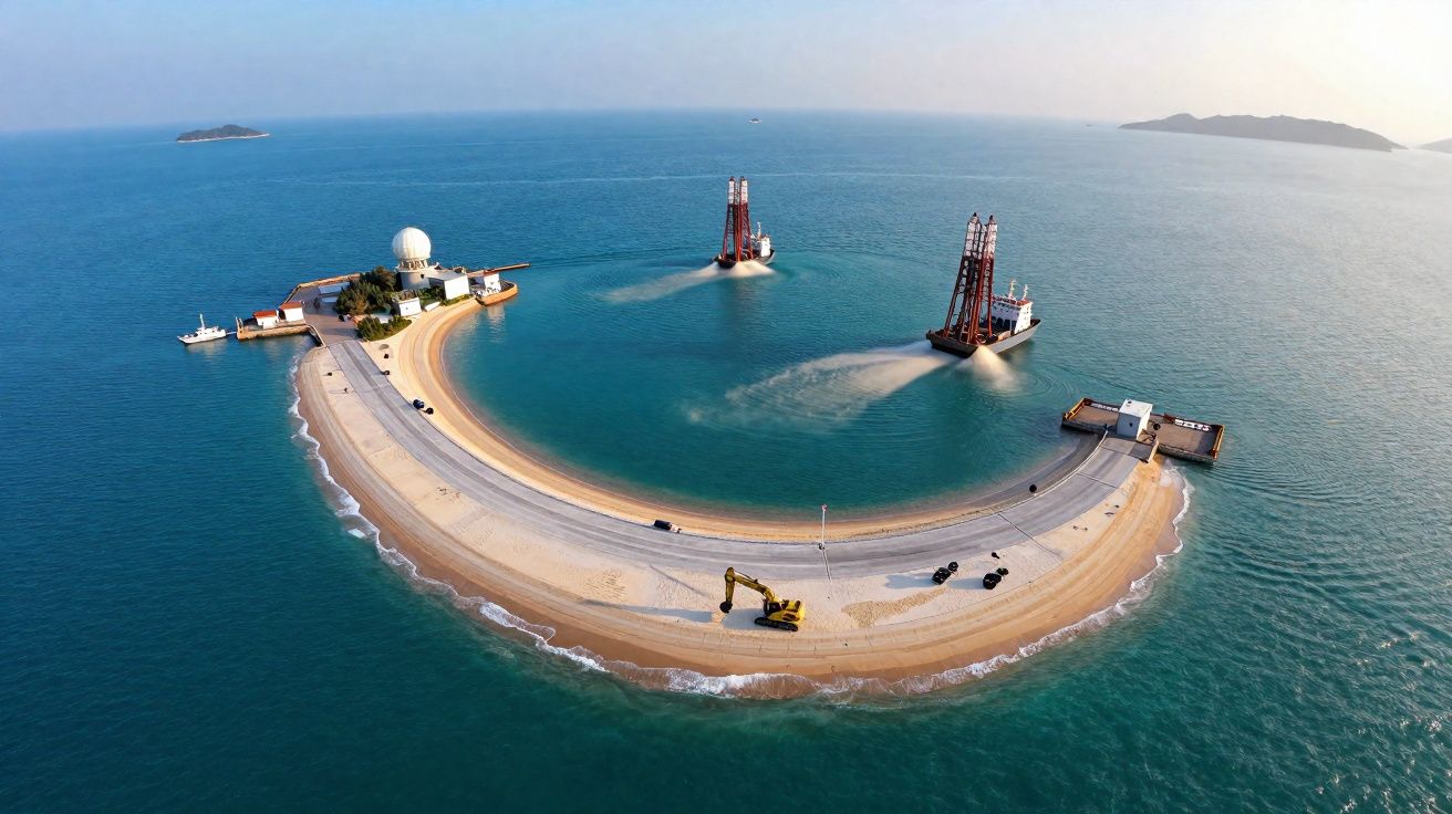 Vista aérea de uma estrutura semicircular no mar com dois guindastes e uma escavadora amarela.