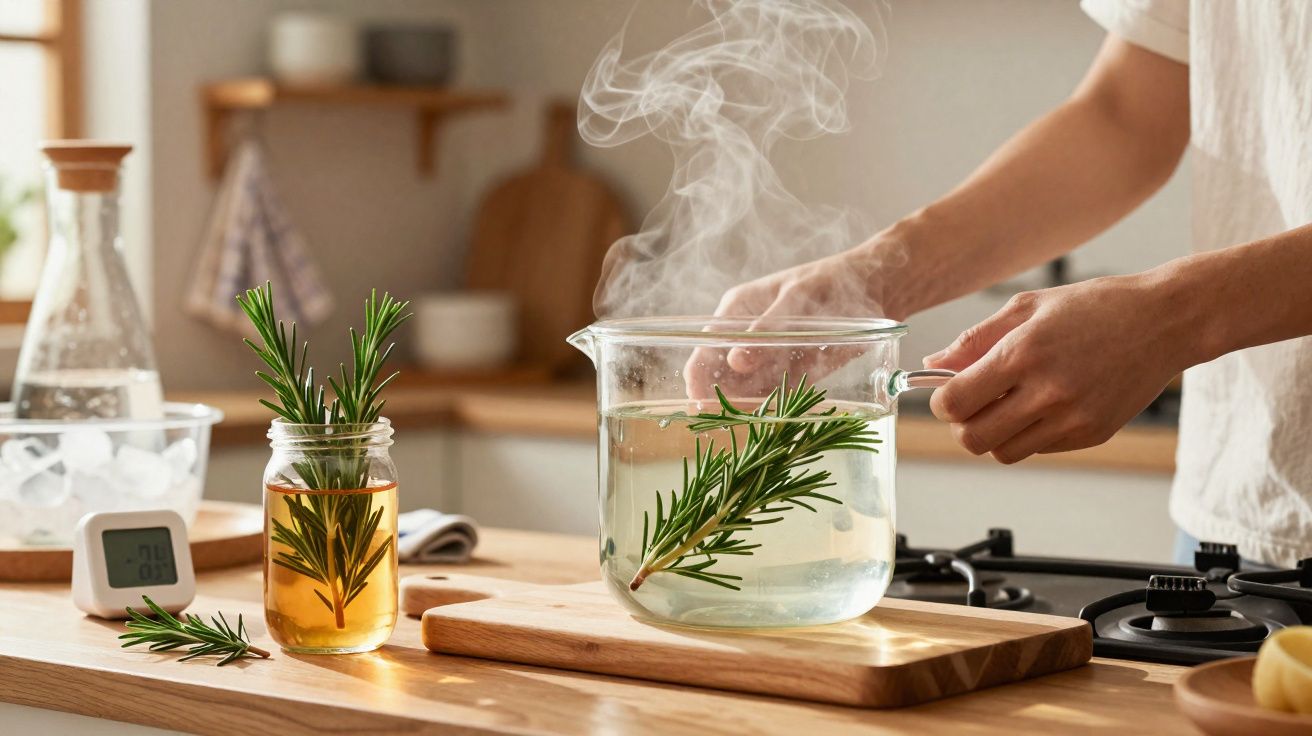 Pessoa a preparar infusão de alecrim num jarro de vidro a ferver numa cozinha iluminada.