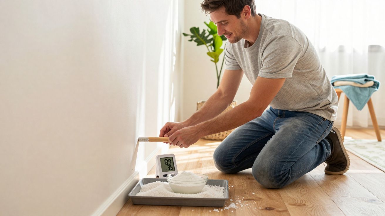 Homem a pintar uma parede branca, ajoelhado, com pincel e recipiente com tinta num tabuleiro no chão.