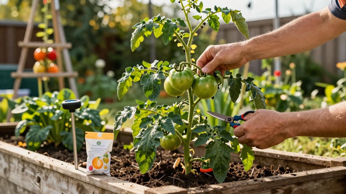 Pessoa a colher tomates verdes numa hortinha em canteiro de madeira.
