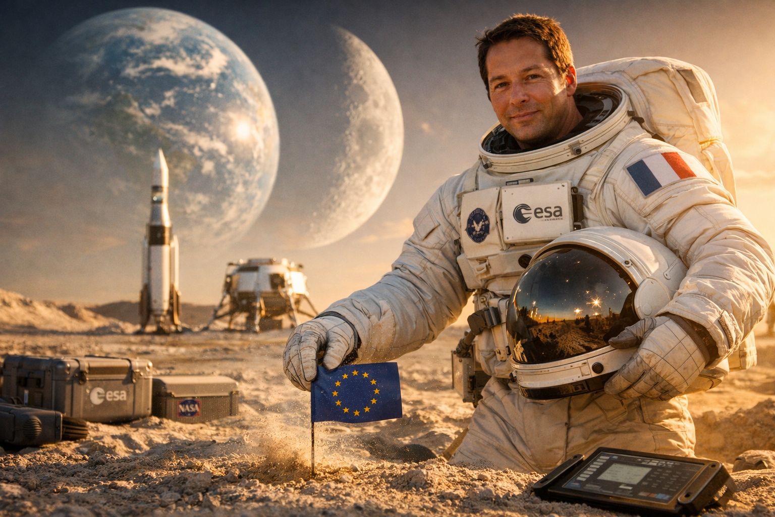 Astronauta com fato espacial da ESA segura bandeira da União Europeia numa paisagem lunar com dois planetas ao fundo.