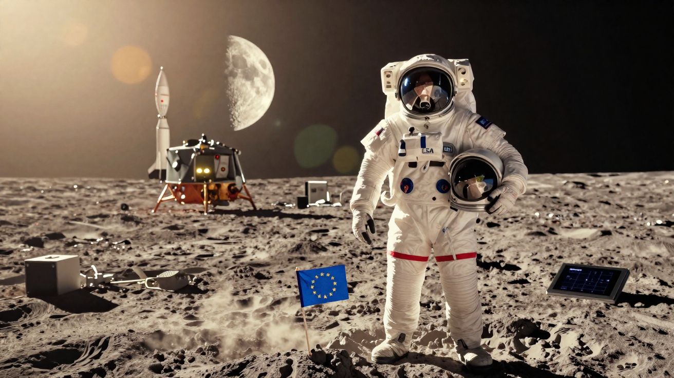 Astronauta em fato espacial na superfície lunar ao lado de bandeira da União Europeia e equipamento espacial.