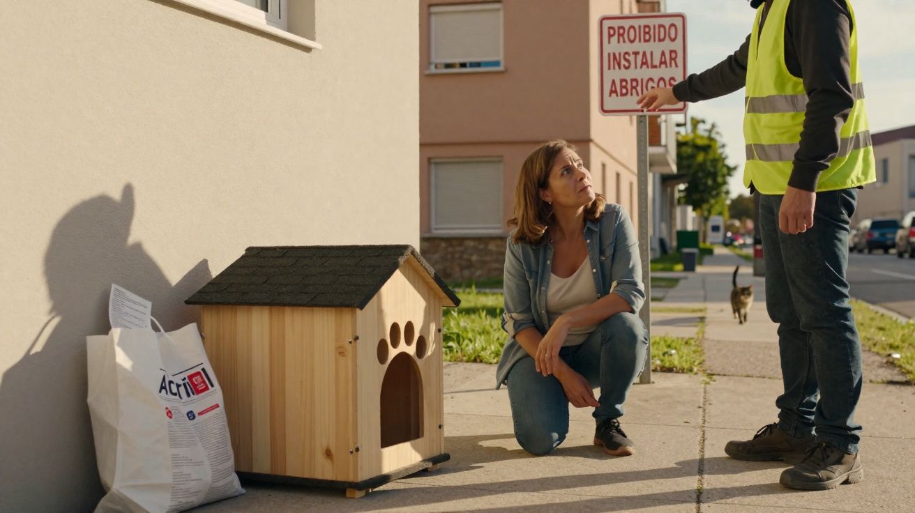 Homem e mulher perto de casota para animais com sinal de proibido instalar abrigos numa rua residencial.