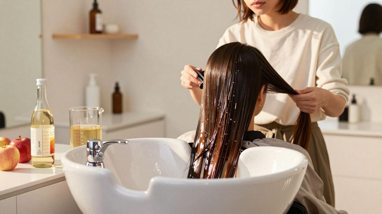 Cabeleireira aplicando tratamento capilar num salão moderno com produtos e maçãs na bancada.
