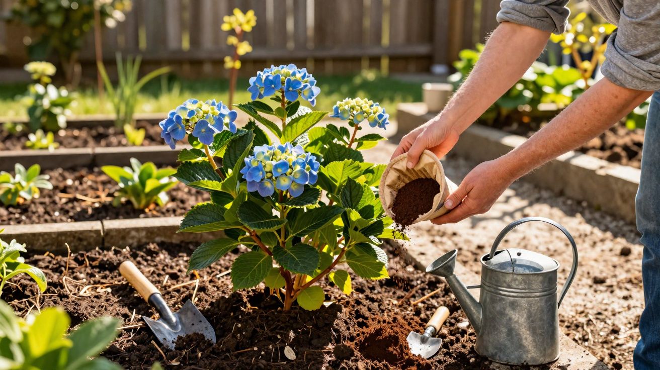 Pessoa a adubar uma planta com flores azuis num jardim com ferramentas e regador ao lado.