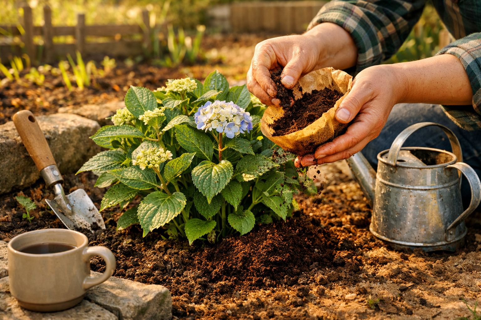 Mãos a plantar uma flor com terra, regador, sacho e chá num jardim ensolarado.